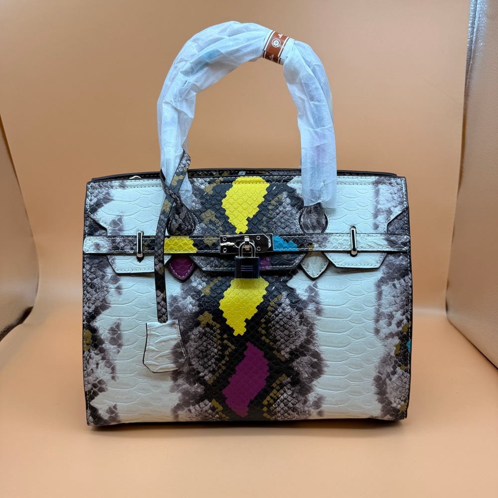 Women's Multicolor White Snake Skin Print Top Handle Bag Satchel Crossbody - Picture 2 of 6